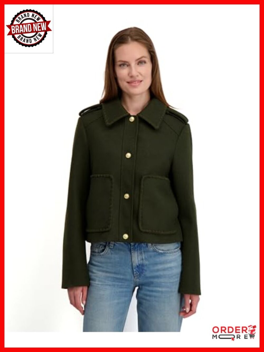Faux Wool Cropped Jacket Blanket Stitch Snap Front Epaulets